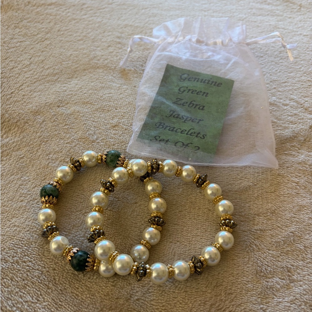 Pearl and Green Jasper Stretch Bracelet Set with Gold Accents